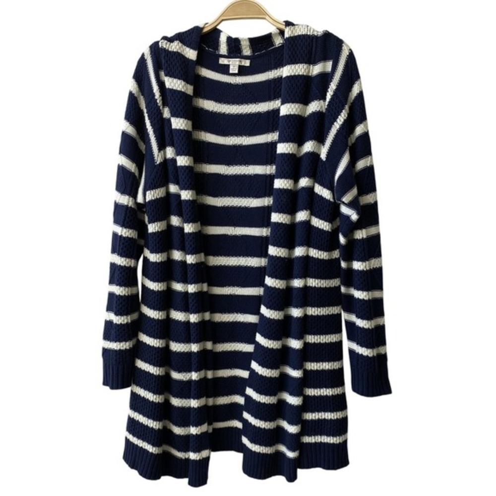 Liz Claiborne NY Long Striped Cardigan Sweater Women 1X Navy Nautical‎ Coastal